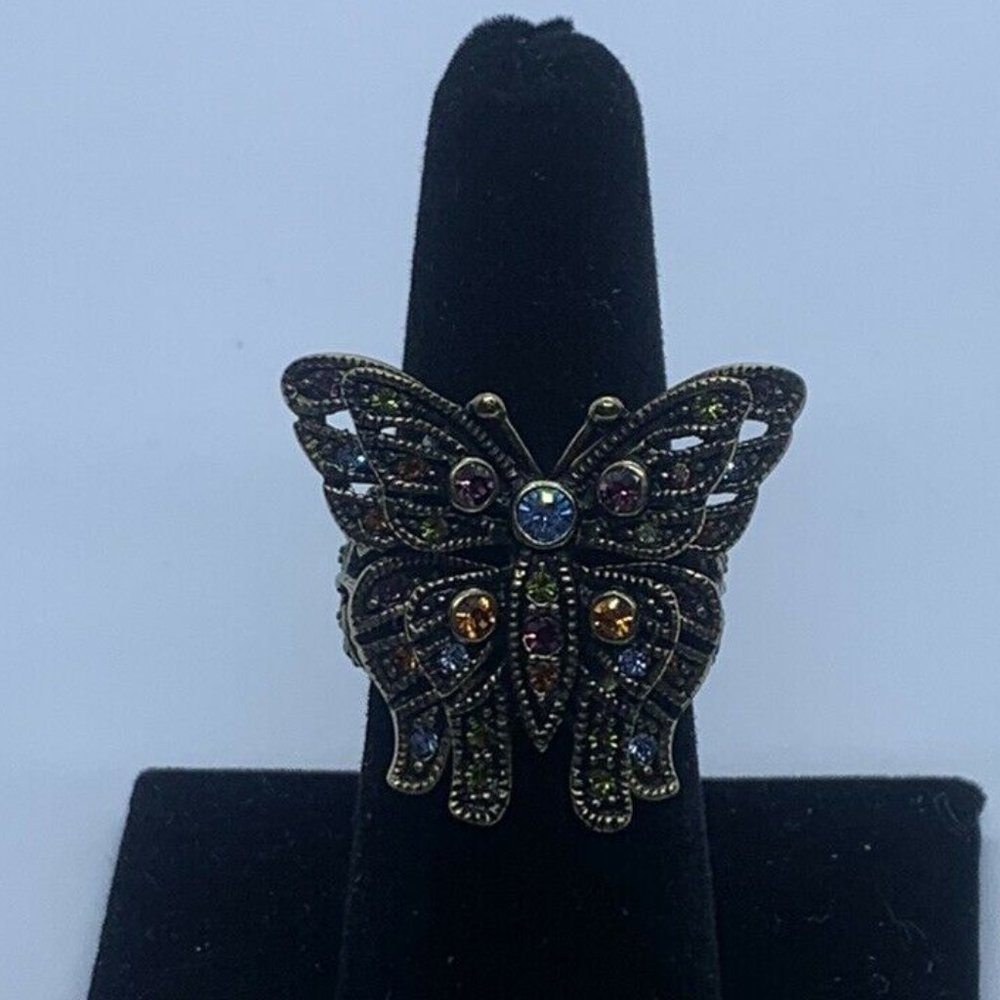 Heidi Daus Gold Tone Butterfly Ring W/ Multi Colored Stones Size 6 3/4